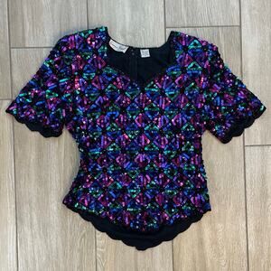 Vintage Laurence Kazar Sequin Silk Top Womens M 80s 90s Beaded Party